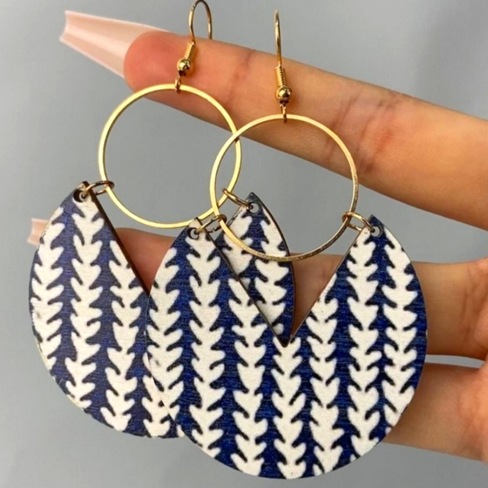Organic Geometric Coastal Blue & White Drop Hoop Earrings